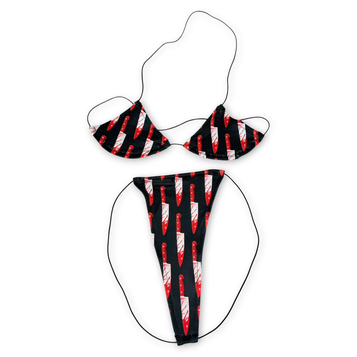 Bloody Knives teeny tiny micro 'kini flat lay, black triangle top and g-string with red and white bloody knife print