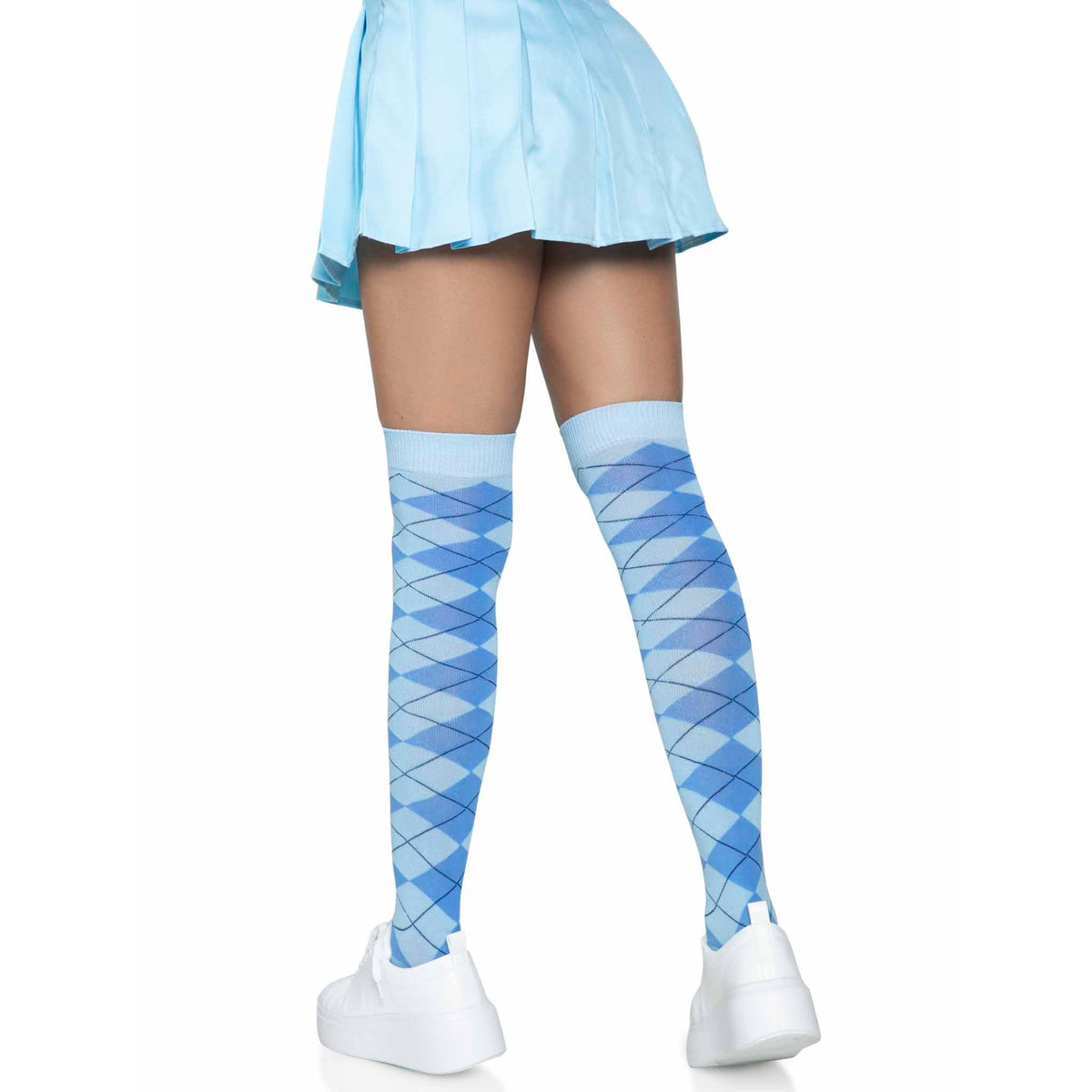Back view of blue argyle knit over the knee socks - Golddiggers Boutique