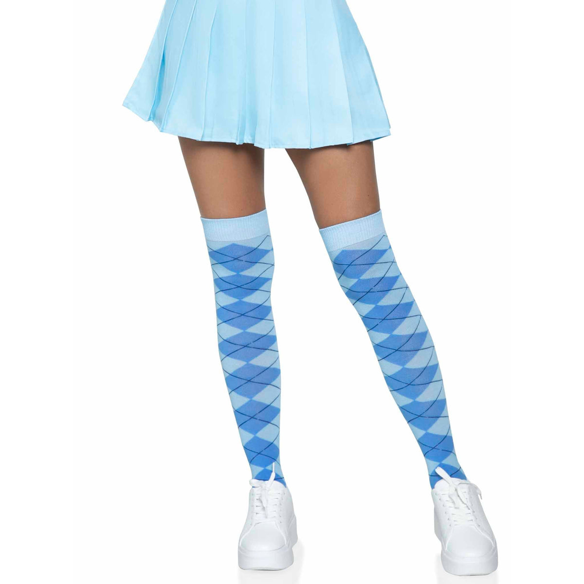 Front view of blue argyle knit over the knee socks - Golddiggers Boutique