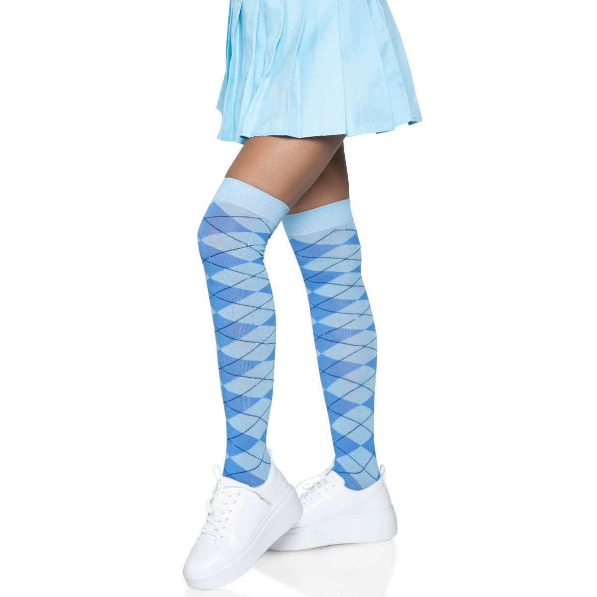 Side view of blue argyle knit over the knee socks - Golddiggers Boutique
