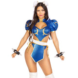 Close front pose of blue and gold battle fighter costume with spiked cuffs and bun covers - Golddiggers Boutique