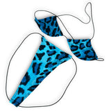Blue Leopard micro 'kini, flat lay of triangle top and g-string thong on black strings, Golddiggers Boutique