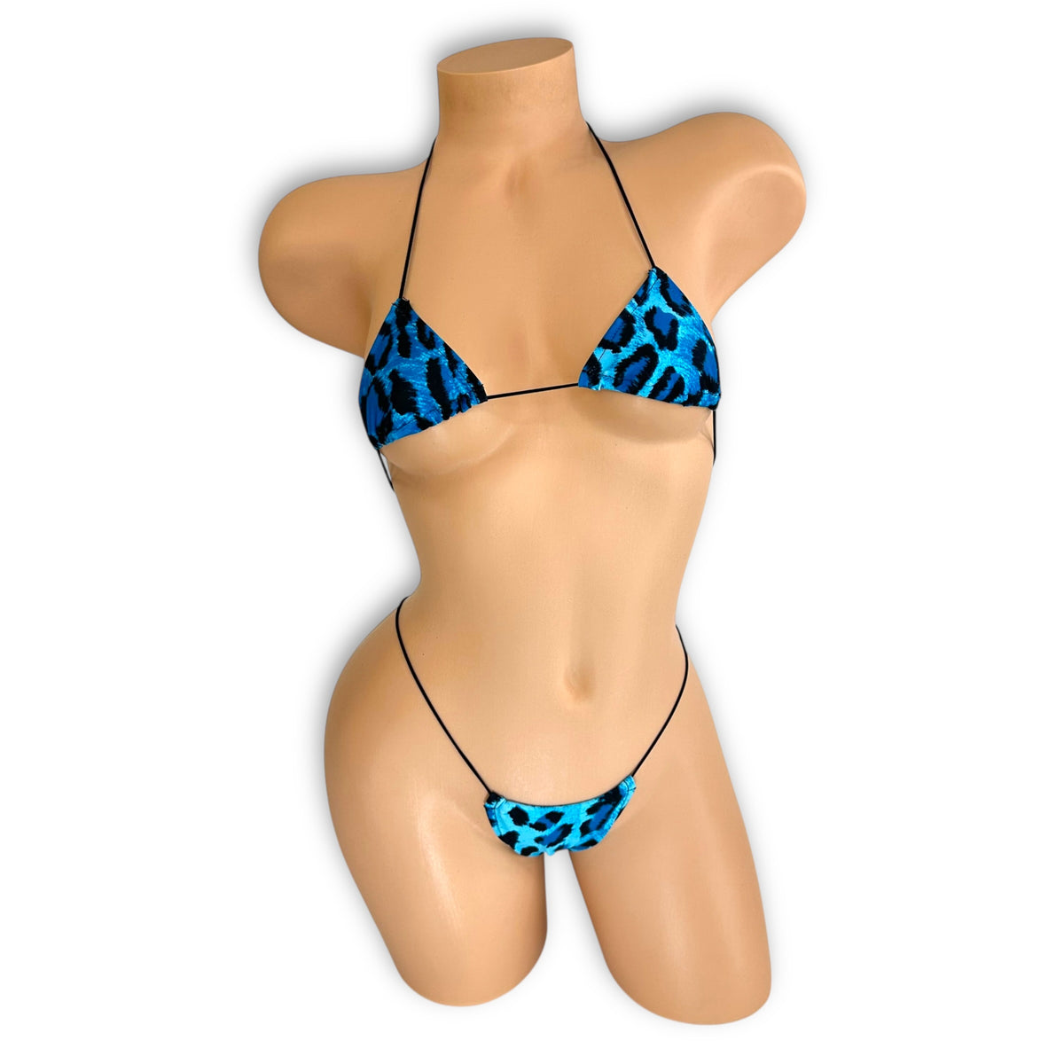 Blue Leopard micro 'kini, front view on mannequin
