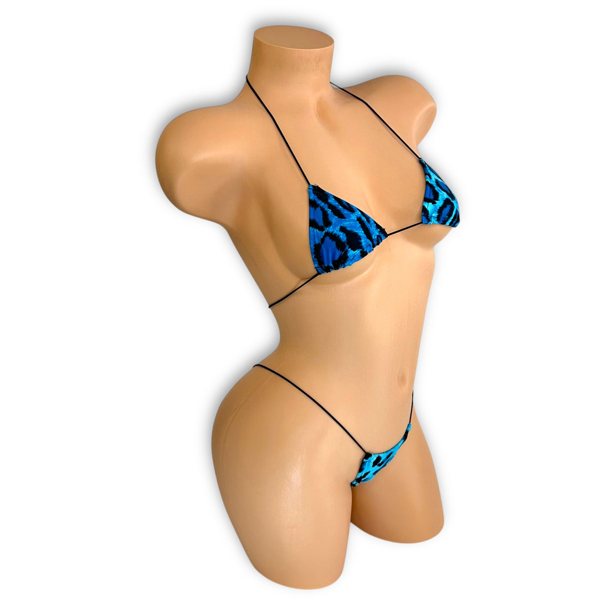 Blue Leopard micro 'kini, side view on mannequin
