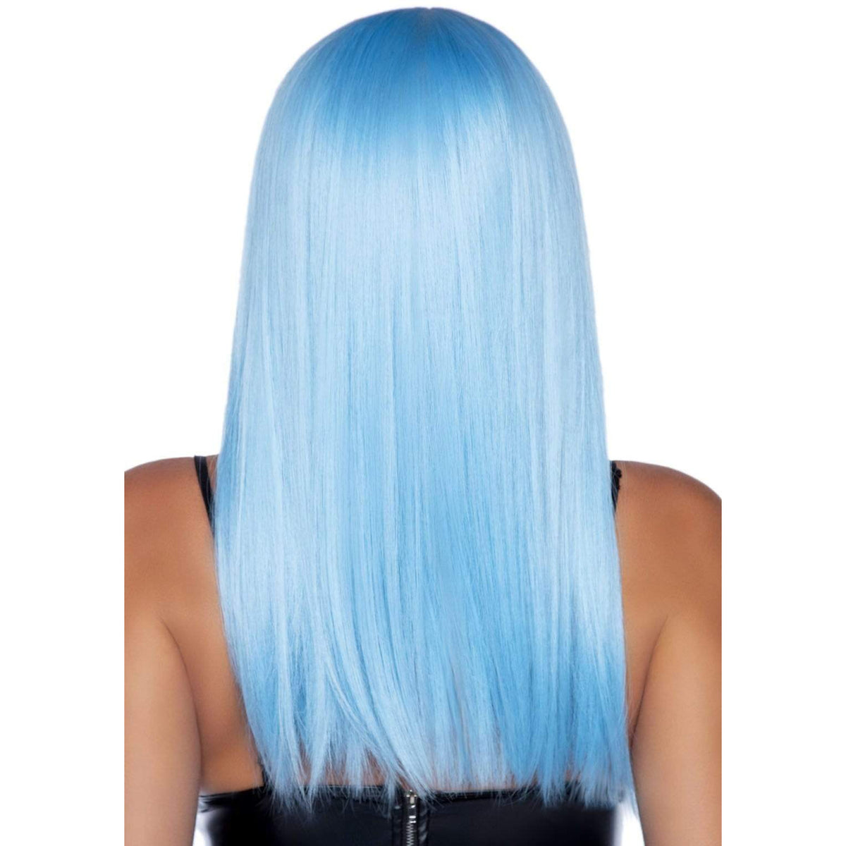 Close-up back view of blue long straight wig with bangs - Golddiggers Boutique