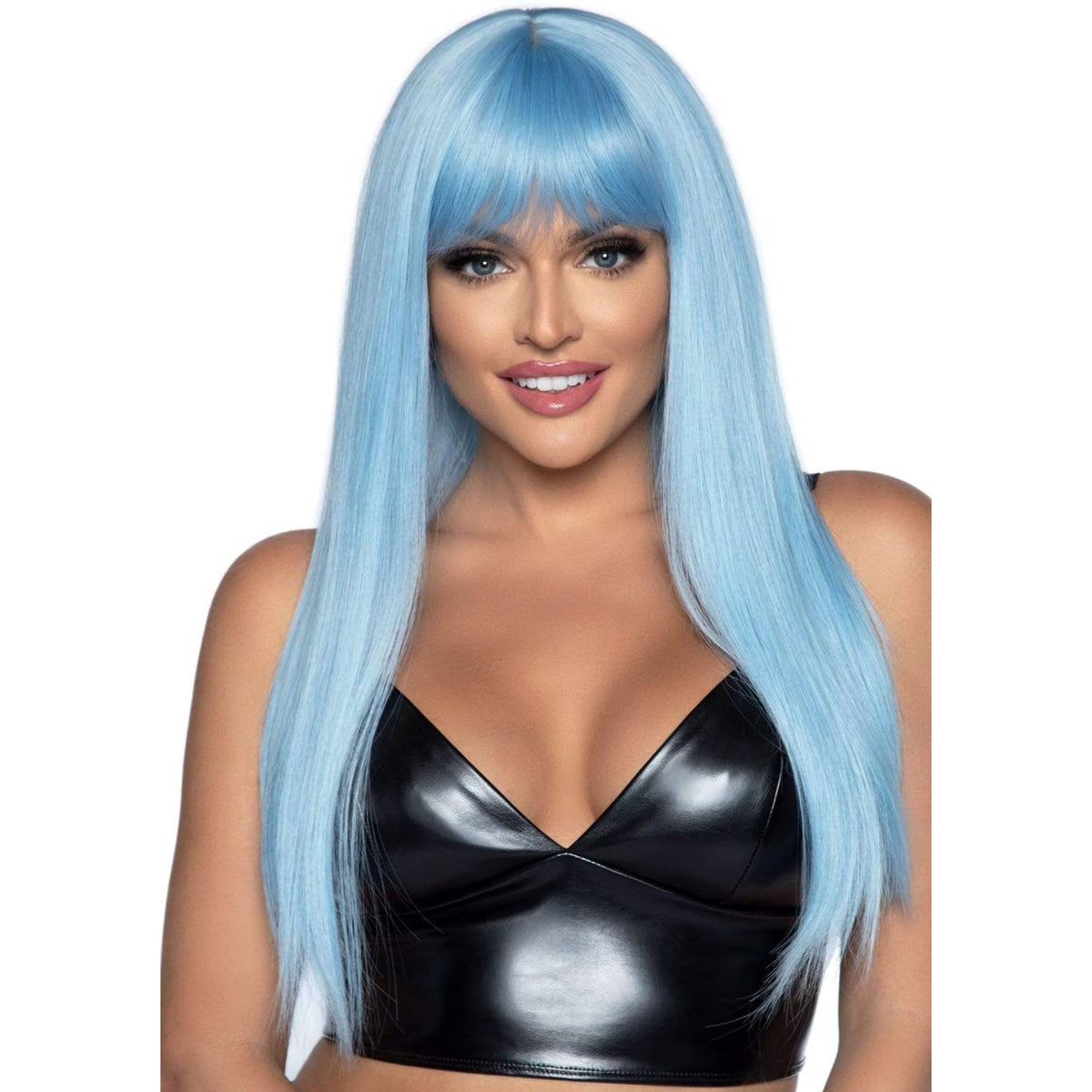 Close-up front view of blue long straight wig with bangs - Golddiggers Boutique
