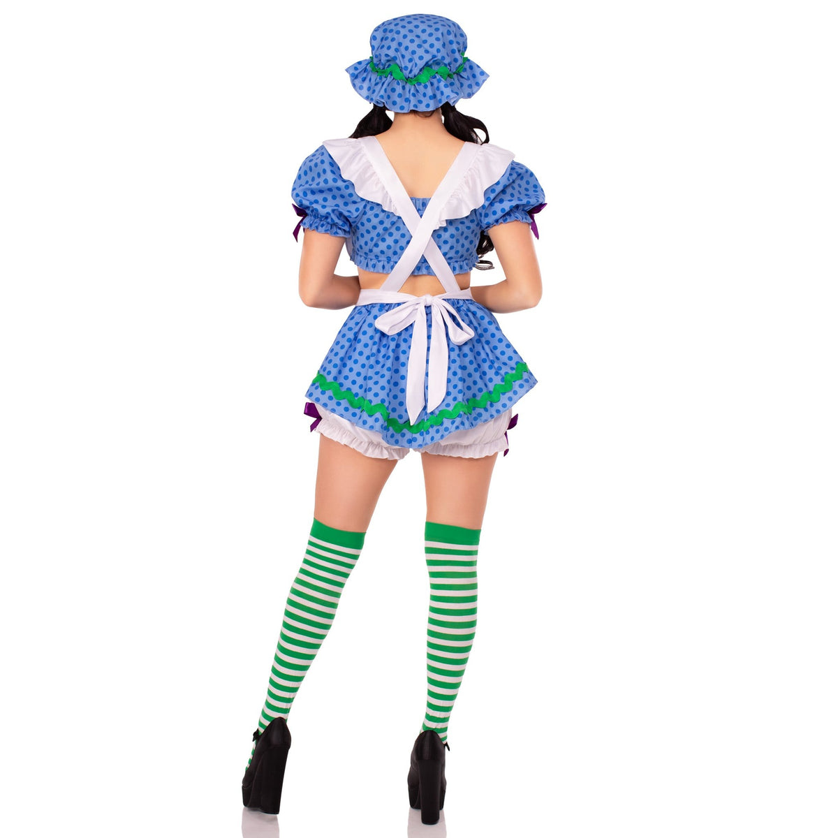 Back view of blue polka dot blueberry girl costume with bonnet and apron skirt - Golddiggers Boutique