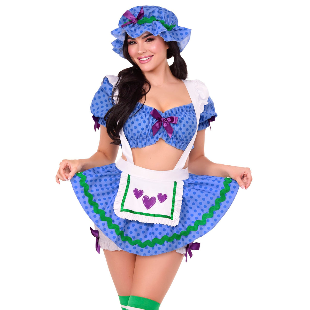 Close front view of blue polka dot blueberry girl costume with bonnet and apron skirt - Golddiggers Boutique
