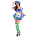 Front pose of blue polka dot blueberry girl costume with bonnet and apron skirt - Golddiggers Boutique