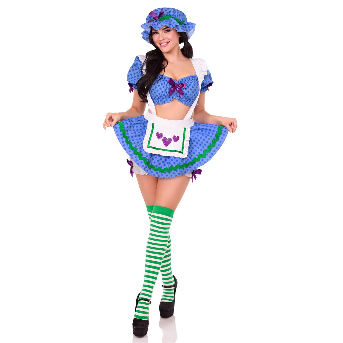 Front view of blue polka dot blueberry girl costume with bonnet and apron skirt - Golddiggers Boutique