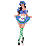 Front view of blue polka dot blueberry girl costume with bonnet and apron skirt - Golddiggers Boutique