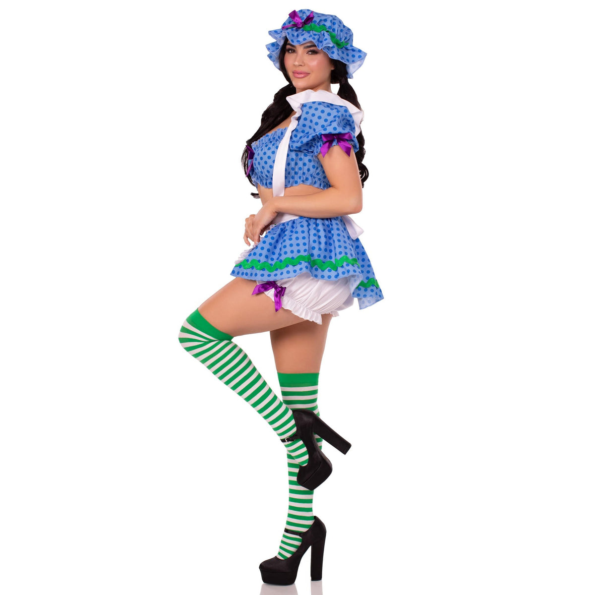 Side view of blue polka dot blueberry girl costume with bonnet and apron skirt - Golddiggers Boutique