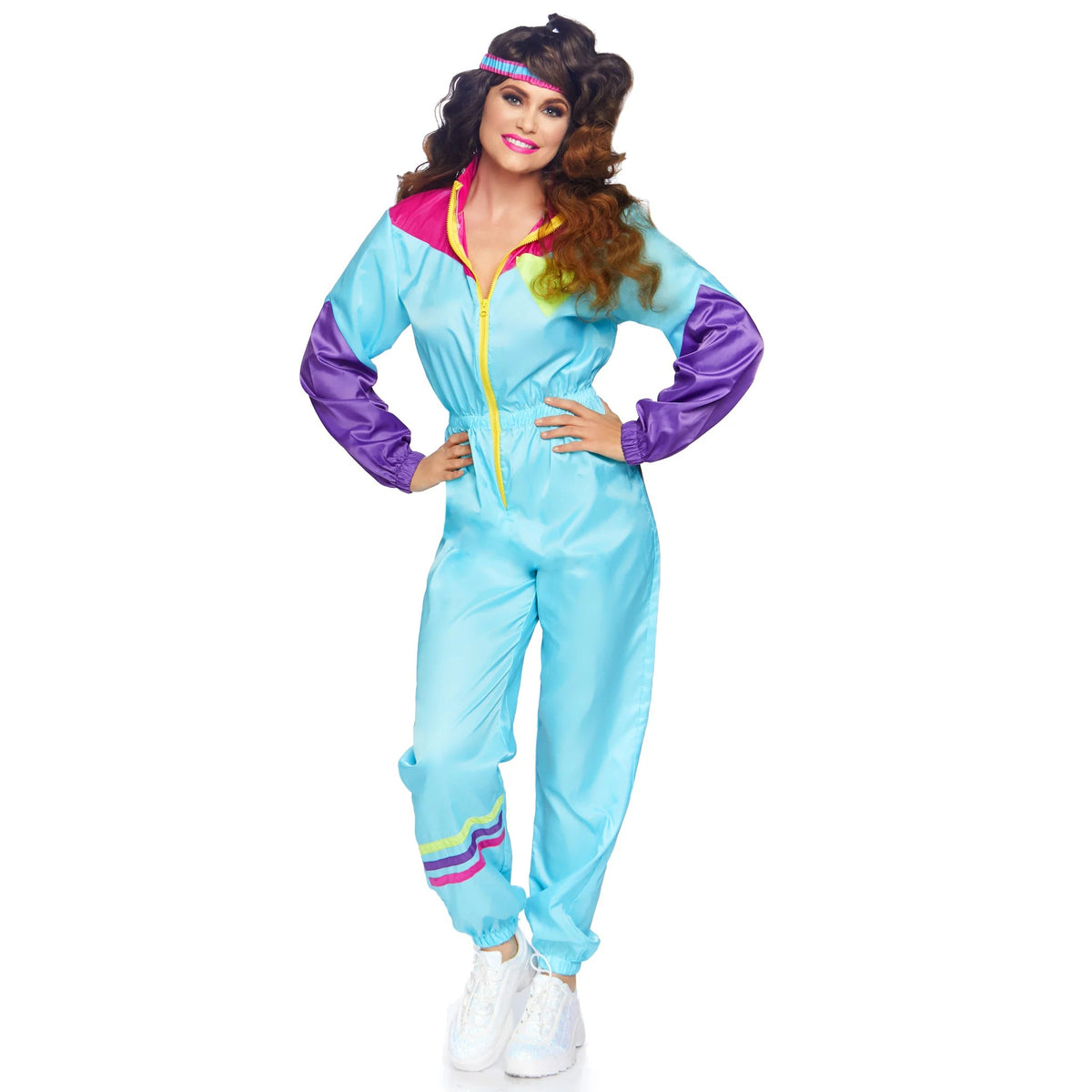 Detail view of blue and purple 80s track suit costume - Golddiggers Boutique