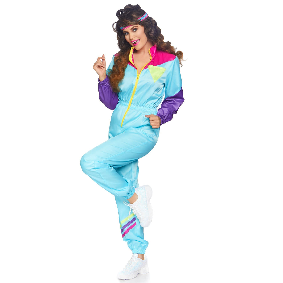 Detail view of blue and purple 80s track suit costume - Golddiggers Boutique