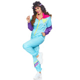 Detail view of blue and purple 80s track suit costume - Golddiggers Boutique