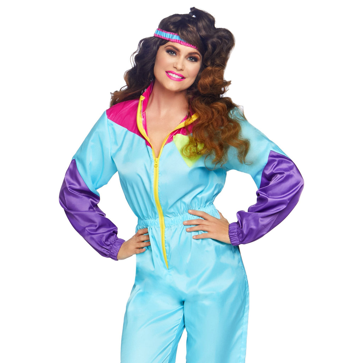 Front view of blue and purple 80s track suit costume - Golddiggers Boutique