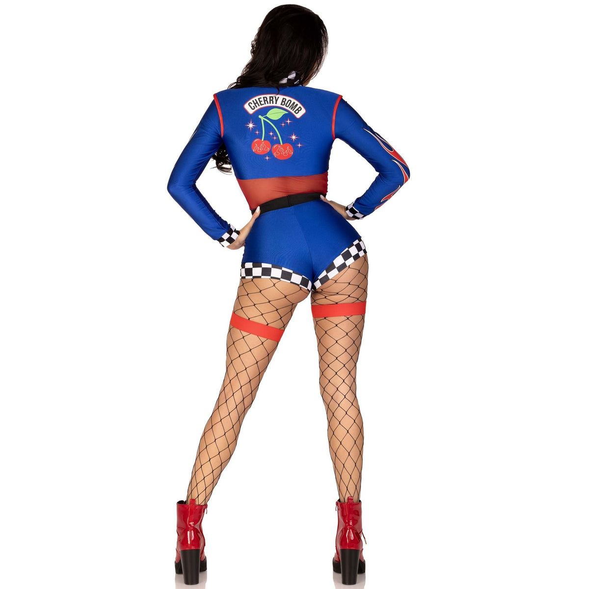 Back view of blue and red race car driver costume romper with garter belt - Golddiggers Boutique
