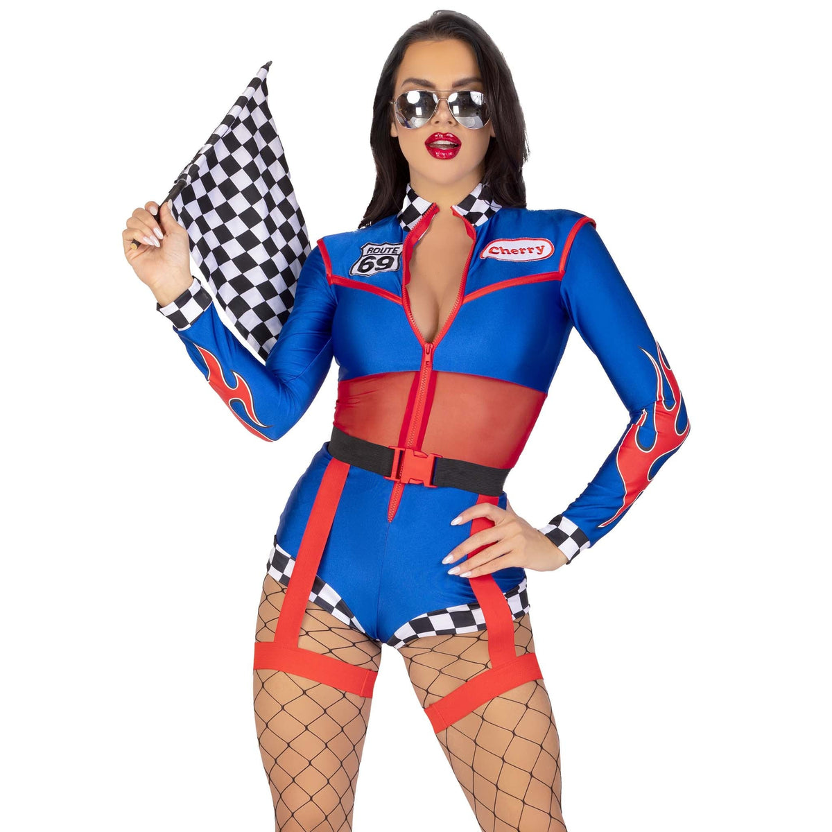Close front view of blue and red race car driver costume romper with garter belt - Golddiggers Boutique