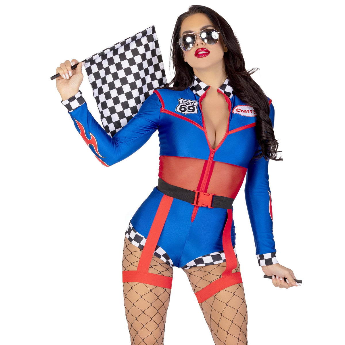 Close front pose of blue and red race car driver costume romper with garter belt - Golddiggers Boutique