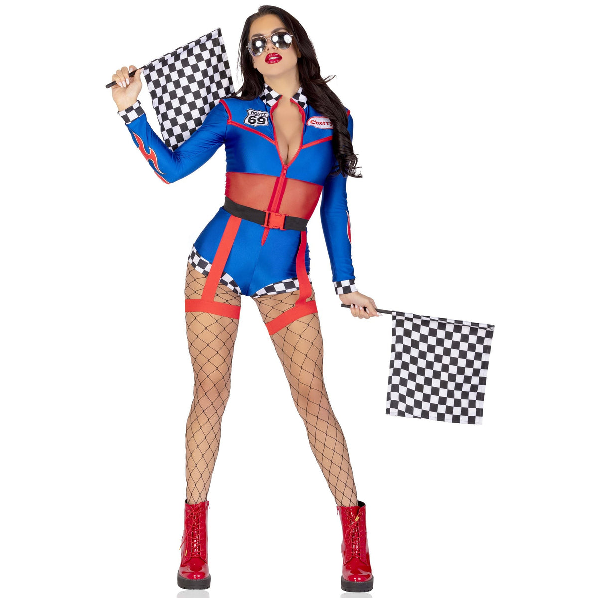 Front pose of blue and red race car driver costume romper with garter belt - Golddiggers Boutique