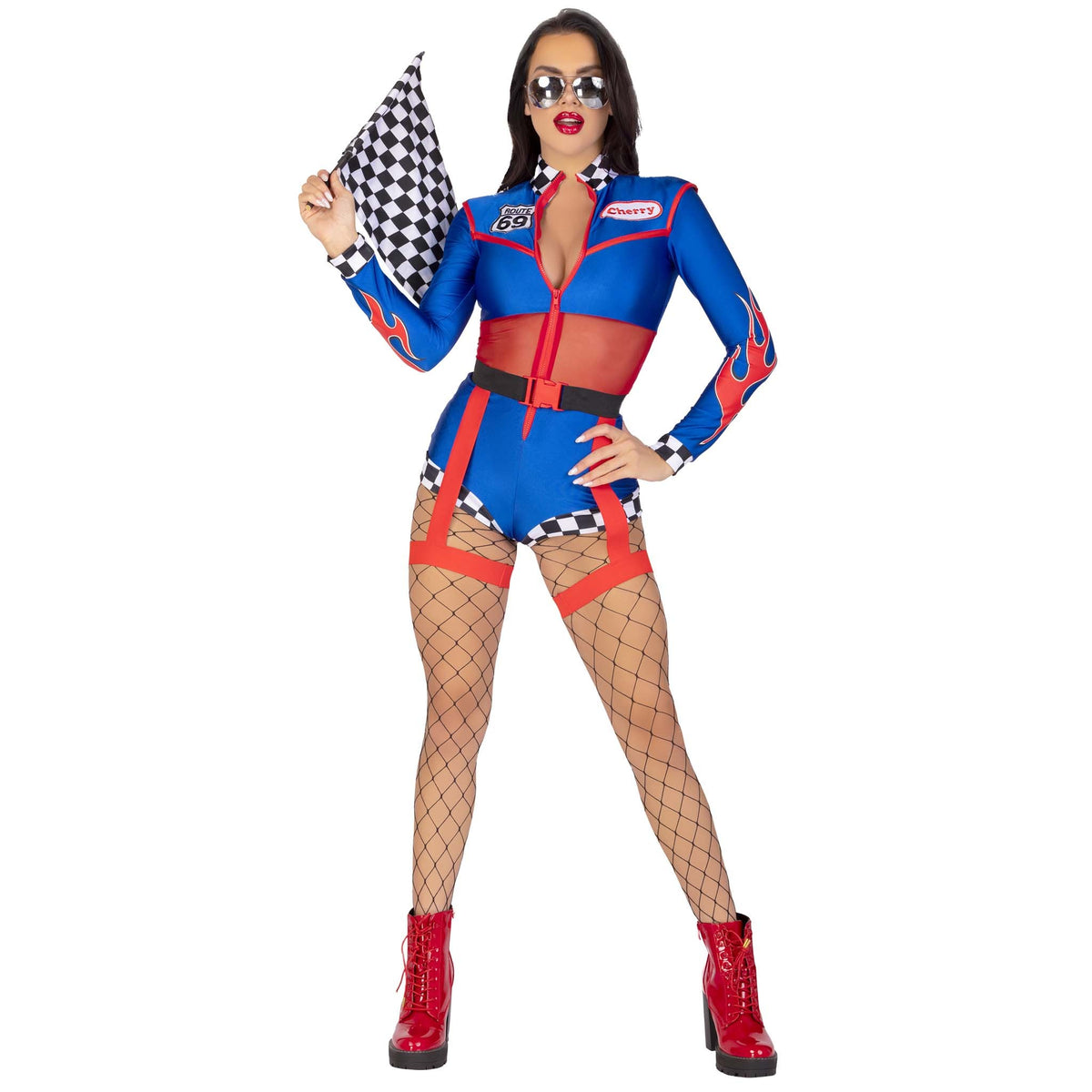 Front view of blue and red race car driver costume romper with garter belt - Golddiggers Boutique