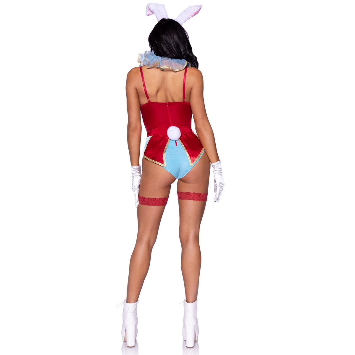 Back view of blue and red wonderland white rabbit costume with bunny ears and pocket watch - Golddiggers Boutique
