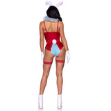 Back view of blue and red wonderland white rabbit costume with bunny ears and pocket watch - Golddiggers Boutique