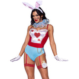 Close front view of blue and red wonderland white rabbit costume with bunny ears and pocket watch - Golddiggers Boutique
