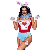 Close front pose of blue and red wonderland white rabbit costume with bunny ears and pocket watch - Golddiggers Boutique