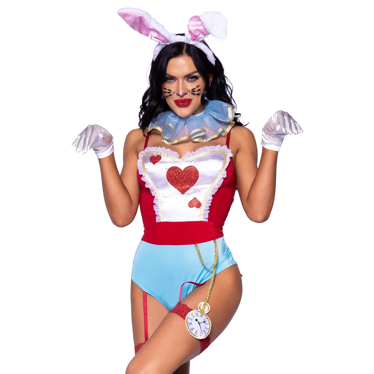 Close front pose of blue and red wonderland white rabbit costume with bunny ears and pocket watch - Golddiggers Boutique