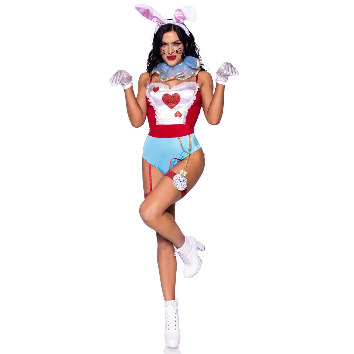 Front pose of blue and red wonderland white rabbit costume with bunny ears and pocket watch - Golddiggers Boutique