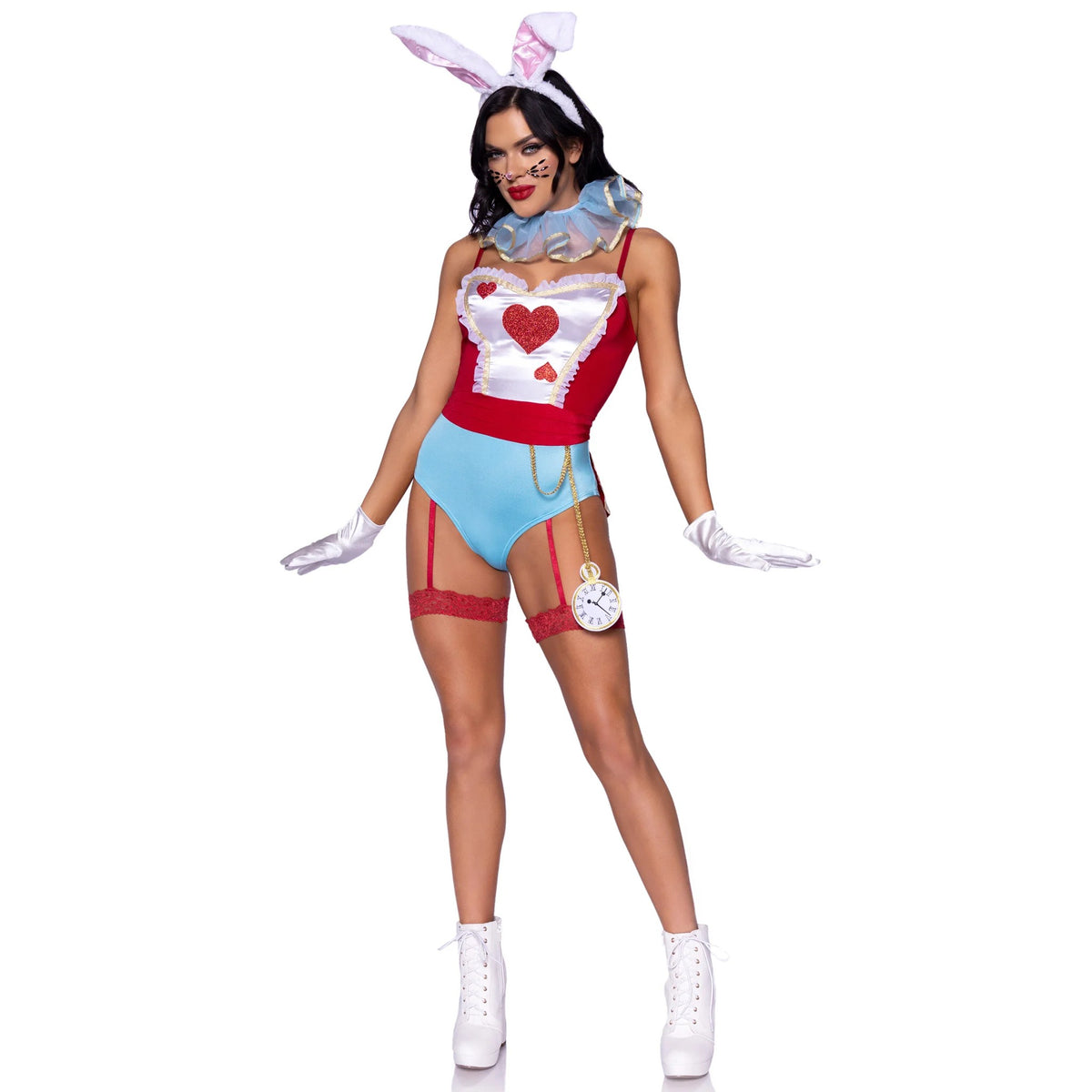 Front view of blue and red wonderland white rabbit costume with bunny ears and pocket watch - Golddiggers Boutique
