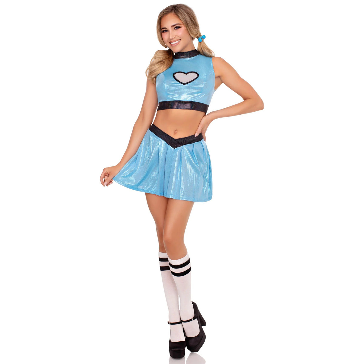 Front view of blue superhero girl costume with heart crop top and skirt - Golddiggers Boutique