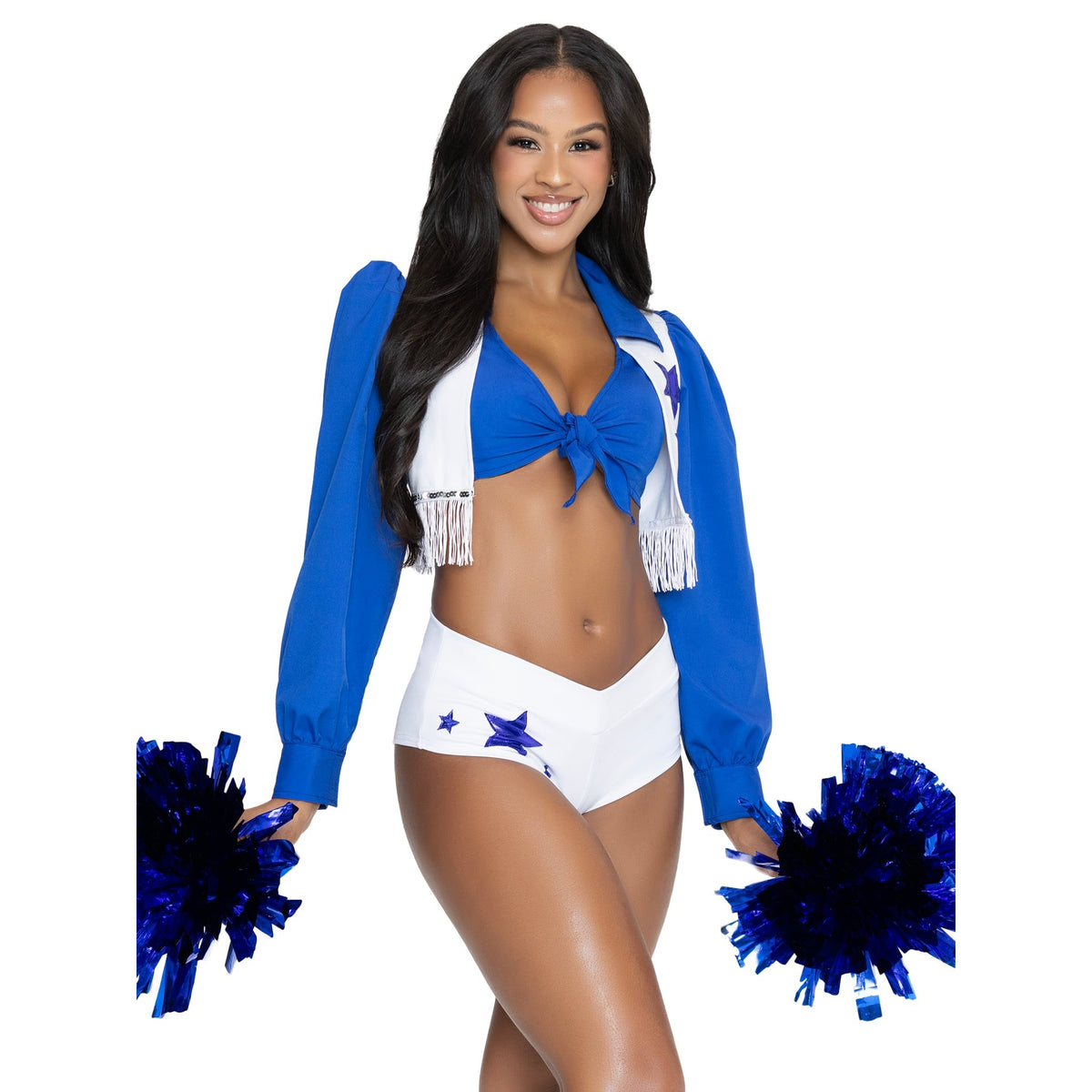 Close front pose of blue and white cheerleader costume with fringe vest and pom poms - Golddiggers Boutique
