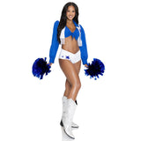 Front pose of blue and white cheerleader costume with fringe vest and pom poms - Golddiggers Boutique