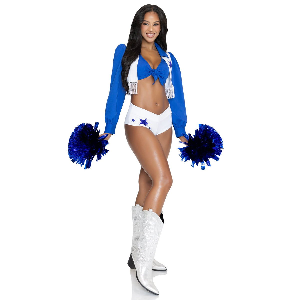 Front pose of blue and white cheerleader costume with fringe vest and pom poms - Golddiggers Boutique