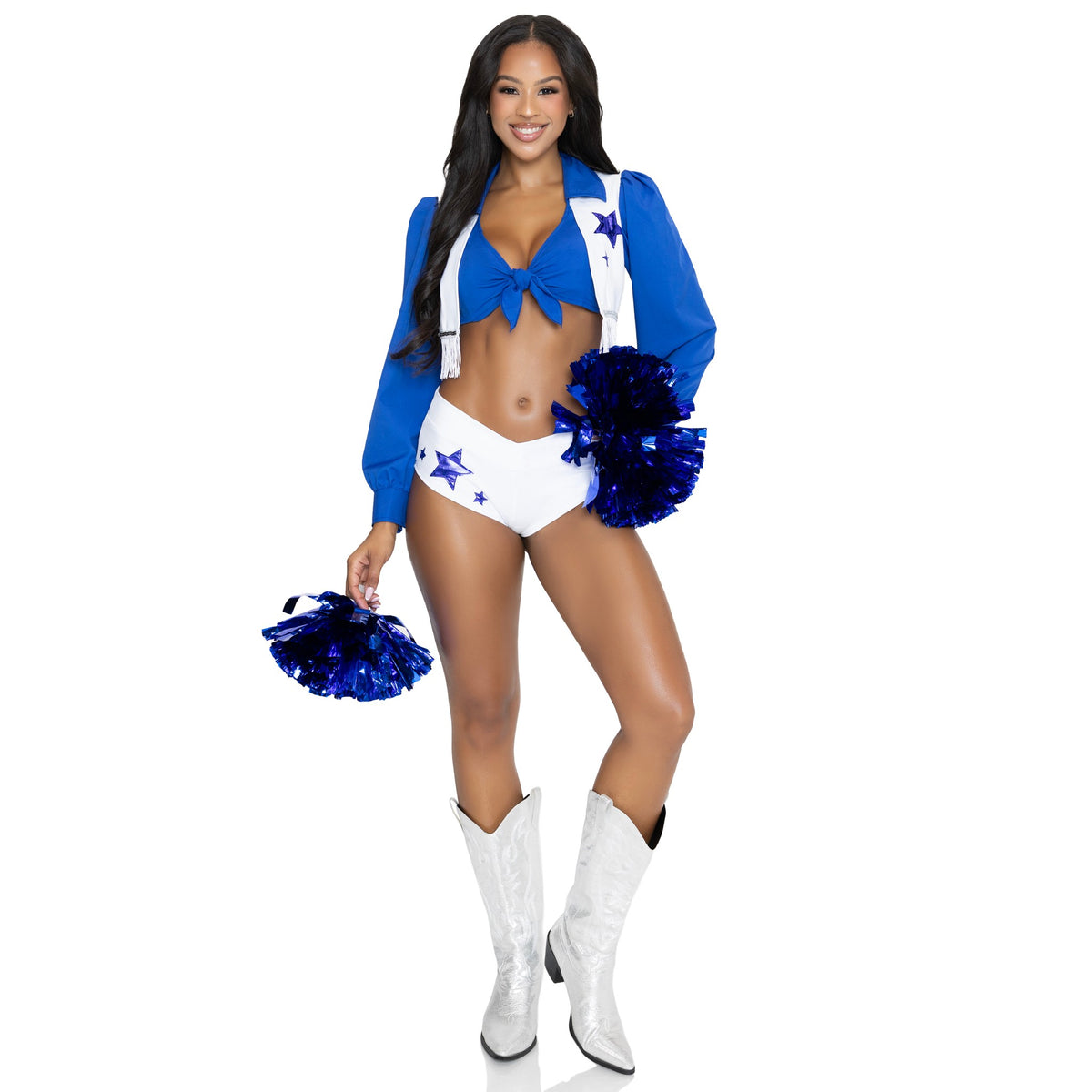 Front view of blue and white cheerleader costume with fringe vest and pom poms - Golddiggers Boutique