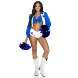 Front view of blue and white cheerleader costume with fringe vest and pom poms - Golddiggers Boutique