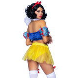 Close back view of blue and yellow poison apple princess costume with puff sleeves - Golddiggers Boutique