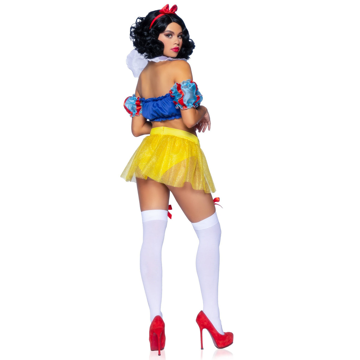 Back view of blue and yellow poison apple princess costume with puff sleeves - Golddiggers Boutique