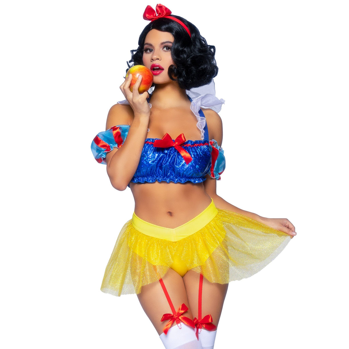 Close front view of blue and yellow poison apple princess costume with puff sleeves - Golddiggers Boutique