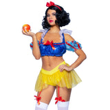 Close front pose of blue and yellow poison apple princess costume with puff sleeves - Golddiggers Boutique