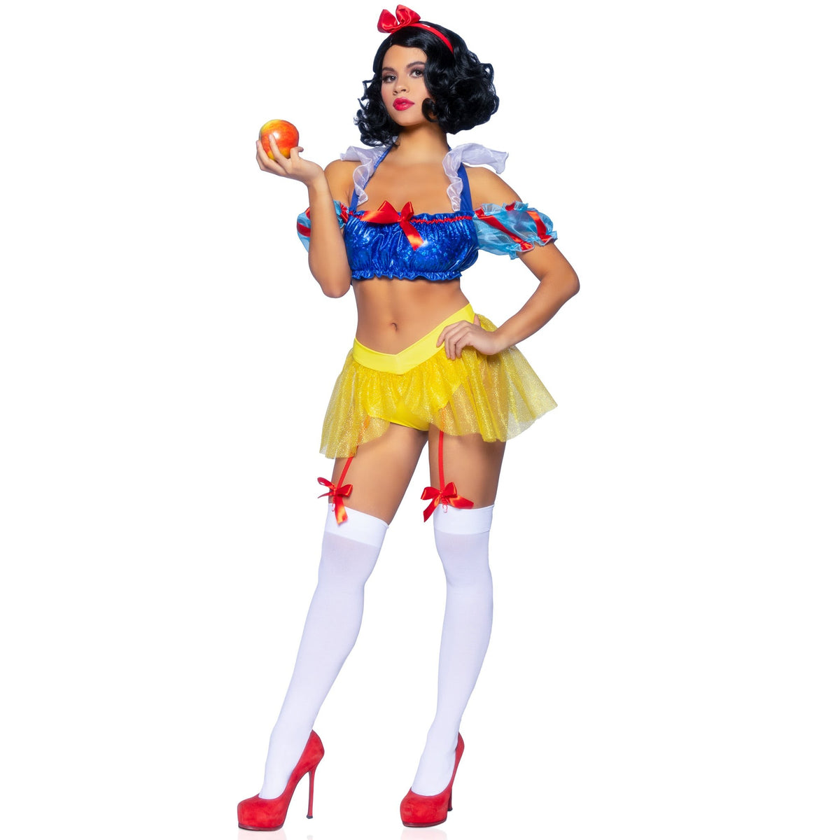 Front pose of blue and yellow poison apple princess costume with puff sleeves - Golddiggers Boutique