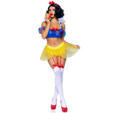 Front view of blue and yellow poison apple princess costume with puff sleeves - Golddiggers Boutique