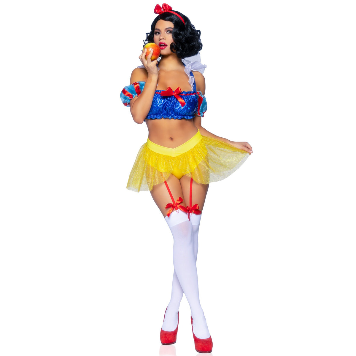 Front view of blue and yellow poison apple princess costume with puff sleeves - Golddiggers Boutique