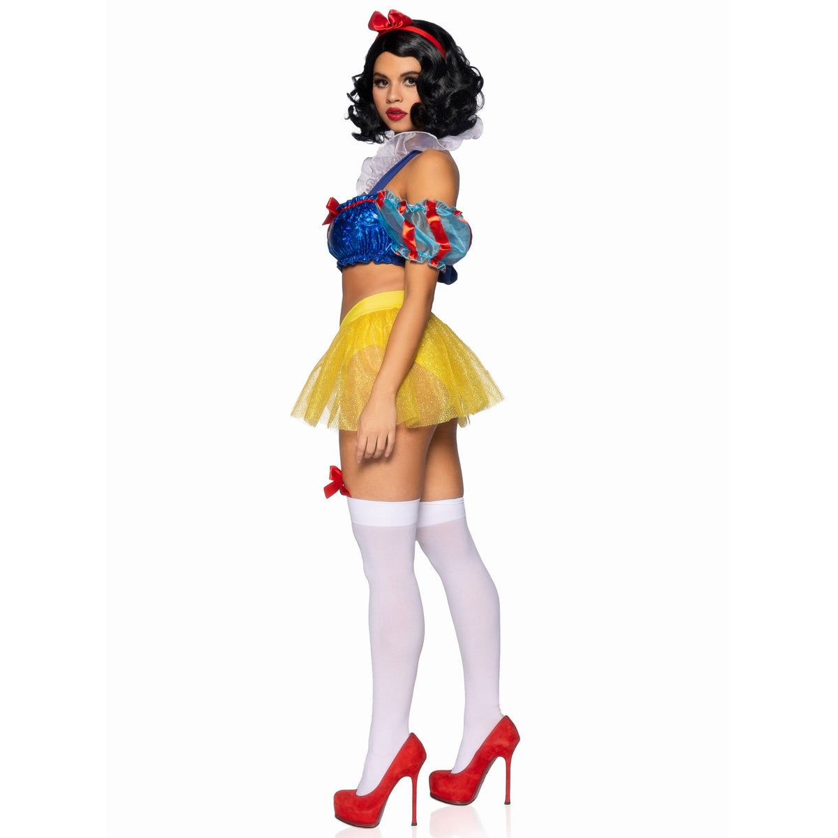 Side view of blue and yellow poison apple princess costume with puff sleeves - Golddiggers Boutique