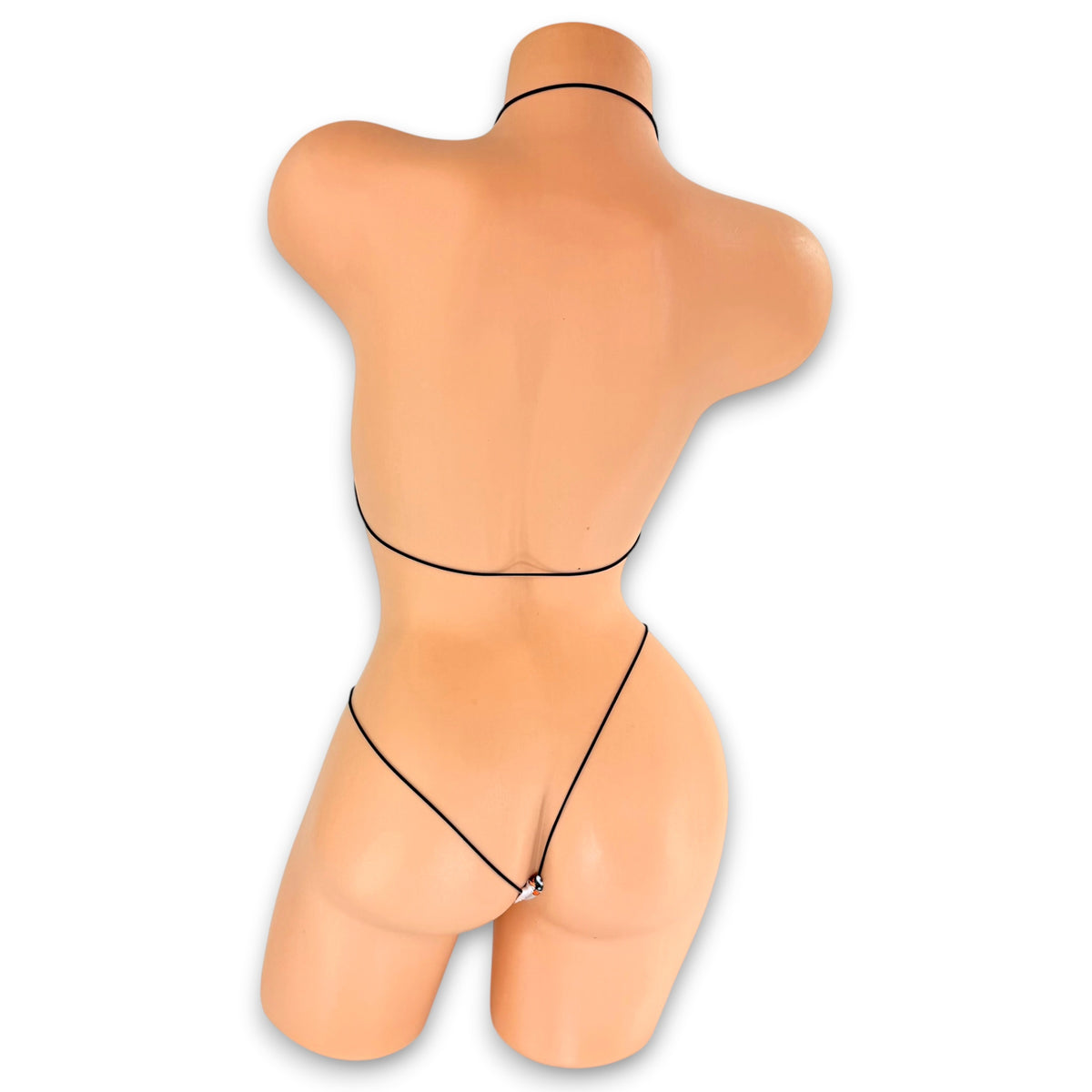 Blush retro daisy yin-yang print micro 'kini with black strings on mannequin, back view - Golddiggers Boutique