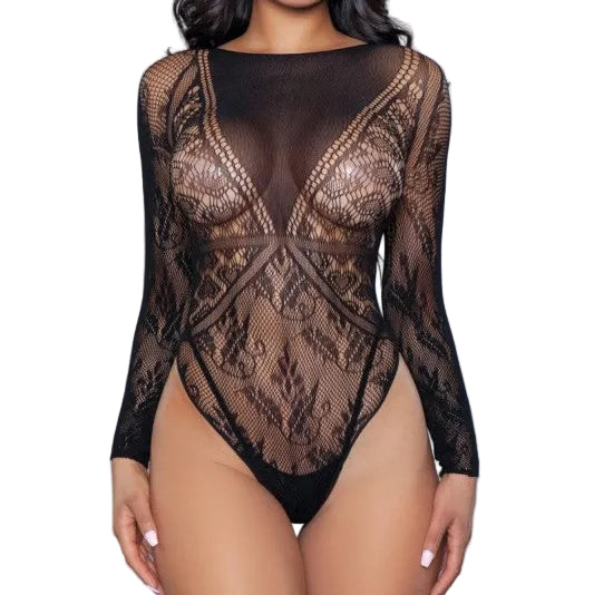 Front view of woman wearing black sheer lace bodysuit with floral heart pattern and long sleeves