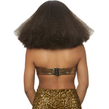 Close-up back view of brown big curly disco wig with side bangs - Golddiggers Boutique
