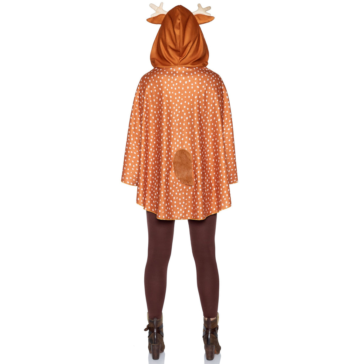 Back view of brown fawn poncho costume with antler hood and fur tail - Golddiggers Boutique